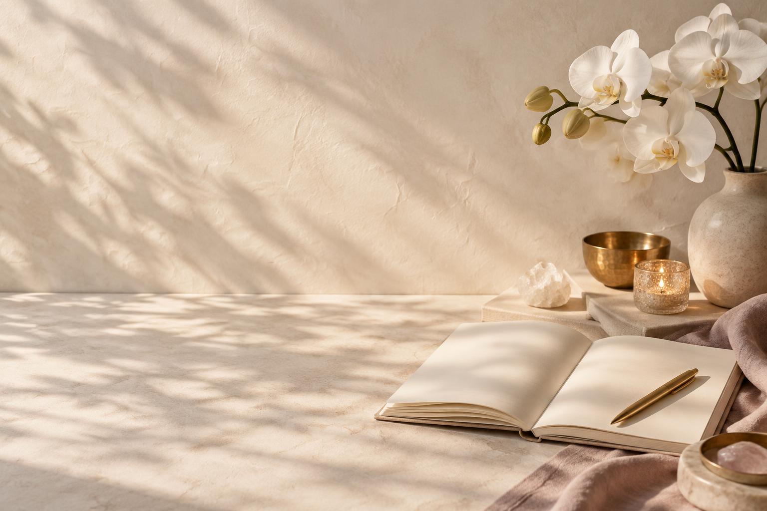 Caderno aberto, orquídeas e detalhes dourados em um ambiente acolhedor